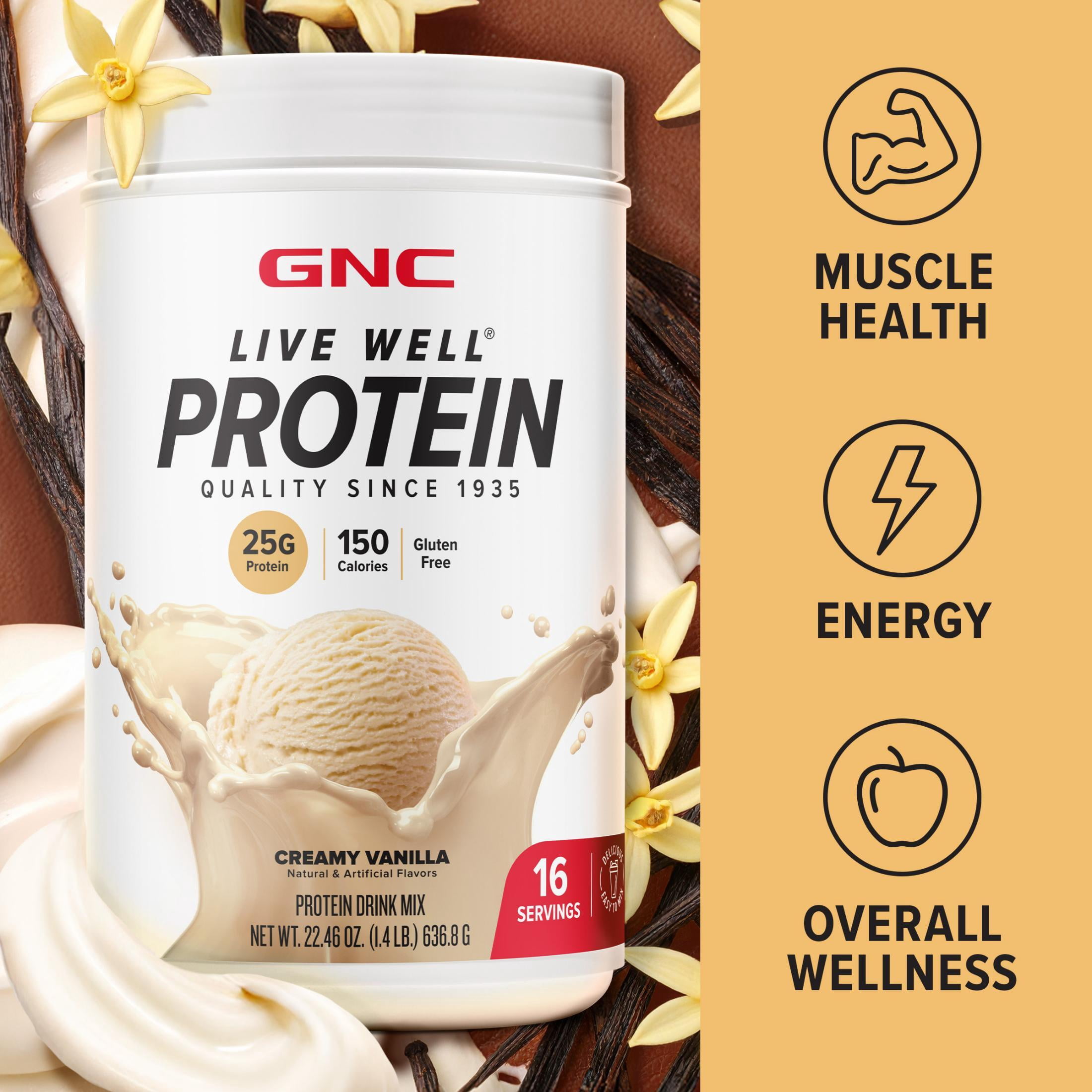 GNC Live Well Protein Powder, 25g Whey Protein, Creamy Vanilla, Gluten Free, No Sugar Added, 16 Servings