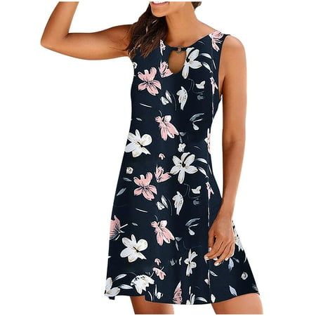 

Womens Sleeveless Crewneck Dress Ladies Hollow Out Slim Mini Dress for Women Fashion Casual Navy L