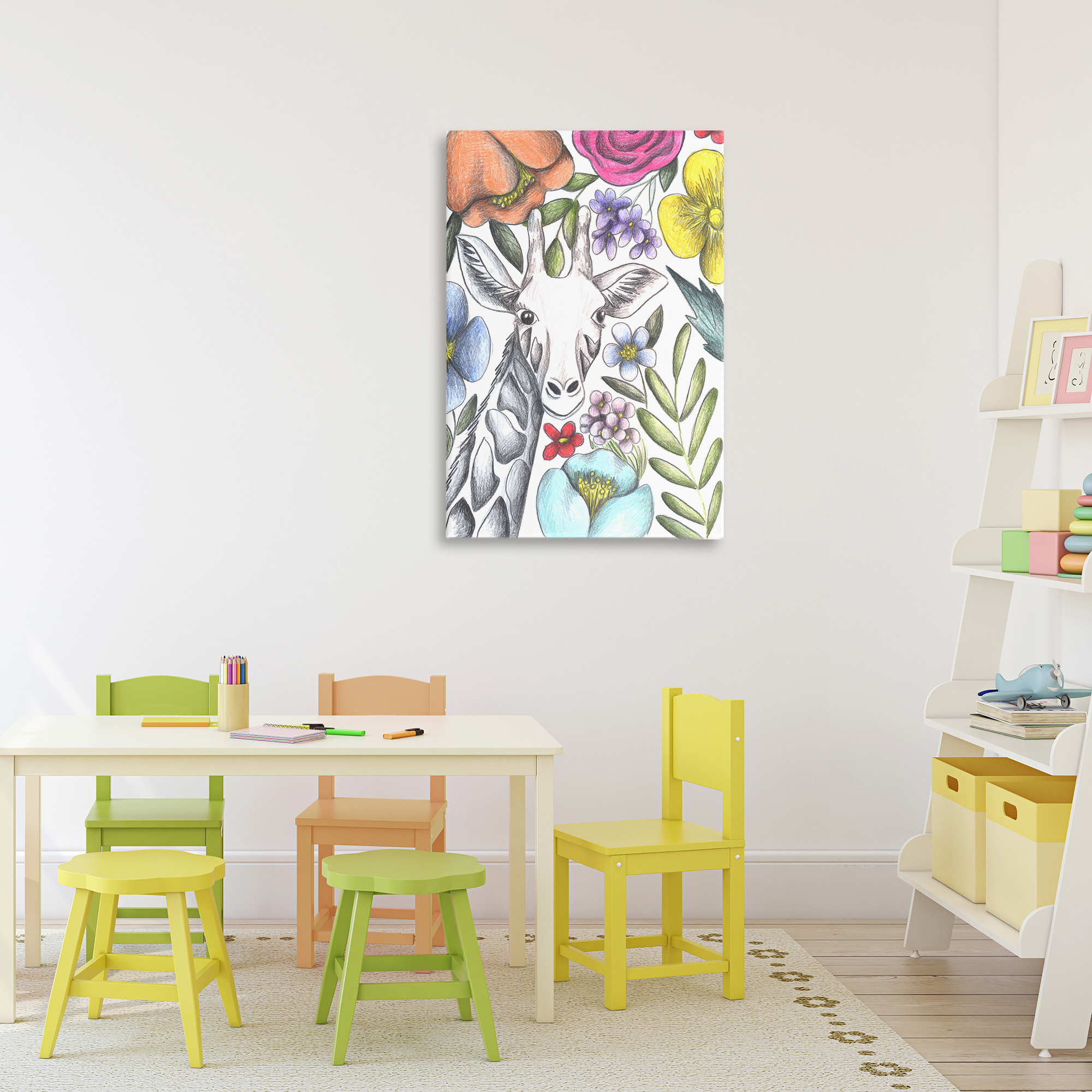 Giraffe In The Midst of Flowers Canvas Wall Art, design by Cecilia Battaini