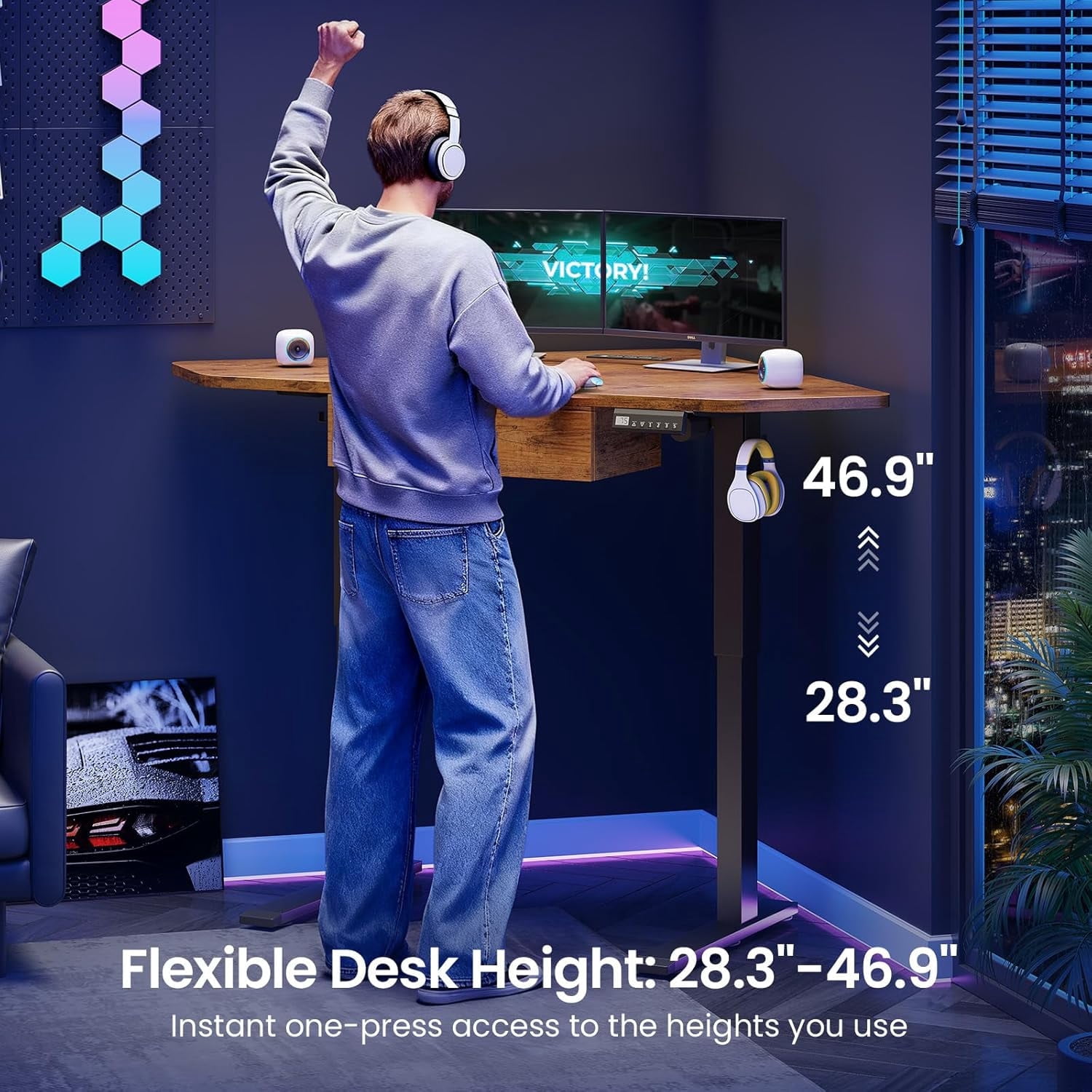 Standing Corner Desk with Drawer, Small Stand Up Desk with Power Outlets, Triangle Computer Desk for Home Office, Gaming Desk, Writing Desk, Rustic Brown