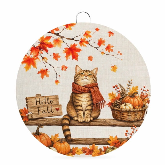 Welcome Sign Front Door Decorations, Orange Cat Fall Round Wall Art Outdoor Metal Wreaths, Thanksgiving Maple Leaves Pumpkins Rustic Seasonal Hanging Sign for Home Porch Decor Warming Gift 8 In