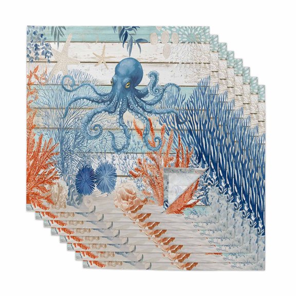 Coastal Octopus Cloth Napkins, Nautical Coral Leaf Turquoise Wood Grain Washable and Reusable Dinner Napkins Set of 8, Table Napkin for Kitchen Party Birthday Wedding Hotel Housewarming 20"x20"