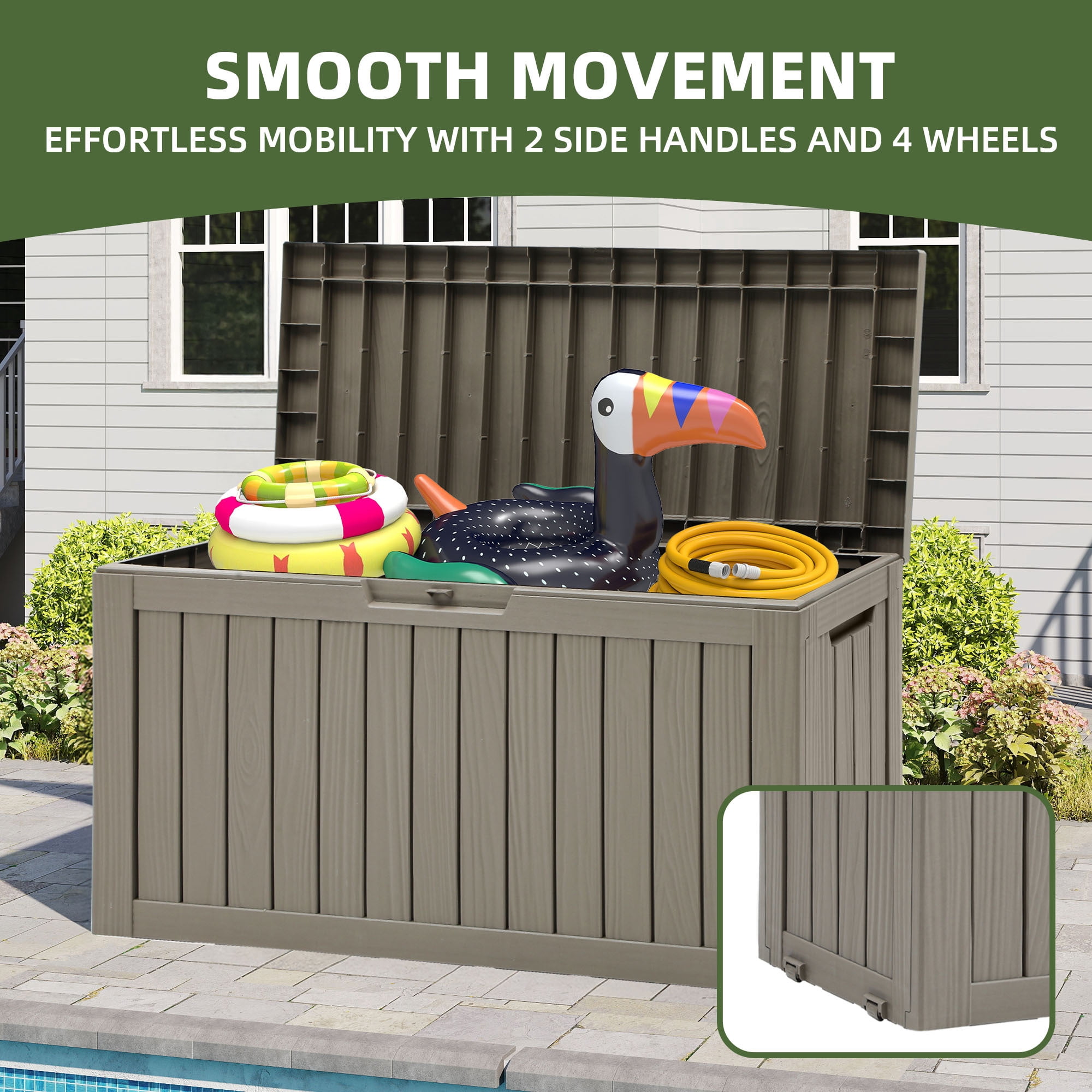 Uforic 72 Gallon Outdoor Resin Storage Box with Wheels, Patio Deck Box for Indoor & Outdoor Use, Ideal for Throw Pillows, Sports Gear & Yard Supplies, Light Brown