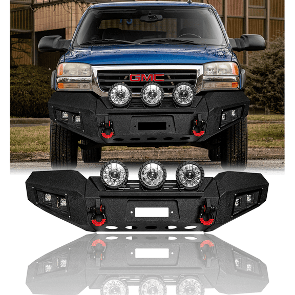 TIOYAR For 2003-2004-2005-2006 GMC Sierra 1500 Steel Front Bumper With Winch Plate&Lights (Black Texture)