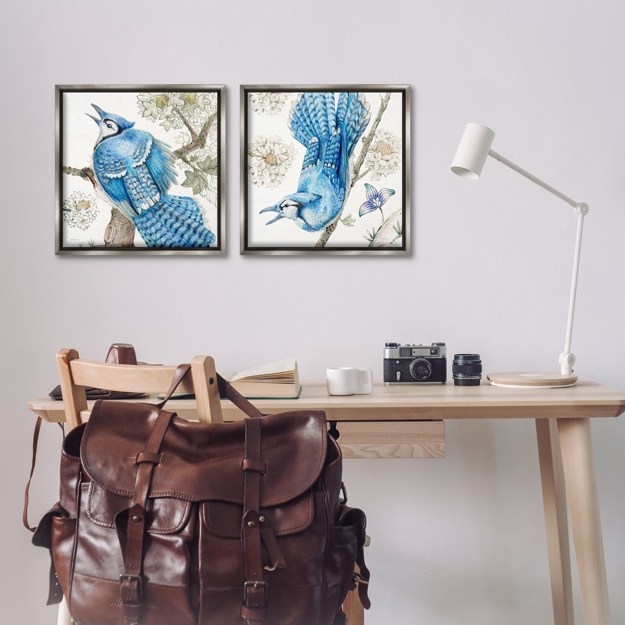Stupell Industries Blue Jays with White Blossoms Animals Painting Gray Floater Framed Canvas Art Print Wall Art, 18 x 18, Set of 2