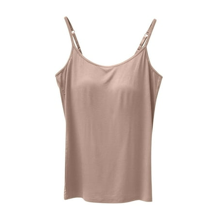 Cami Tops with Built in Bra Woman Modal Built-in Bra Padded Camisole Yoga Tanks Adjustable Spaghetti Strap Vest (Small  Khaki)