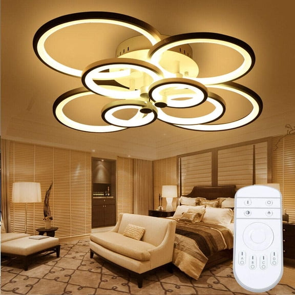 Fichiouy Modern LED Ceiling Lights Acrylic 8 Circle Ring Chandelier Lamp Fixture Dimming 3 Colors with Remote Control Black 150W