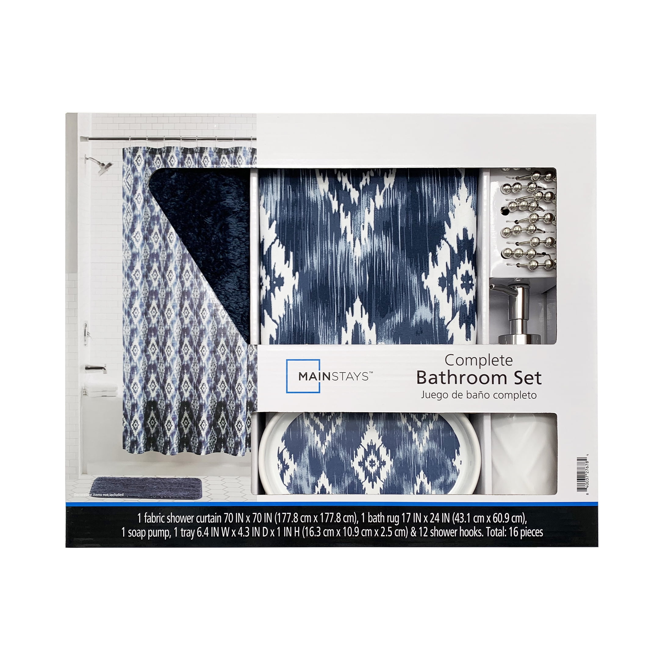 Mainstays 16-Piece Blue Ikat Shower Curtain Bathroom Set – Fabric Curtain with Rug, Hooks, Soap Dispenser & Tray