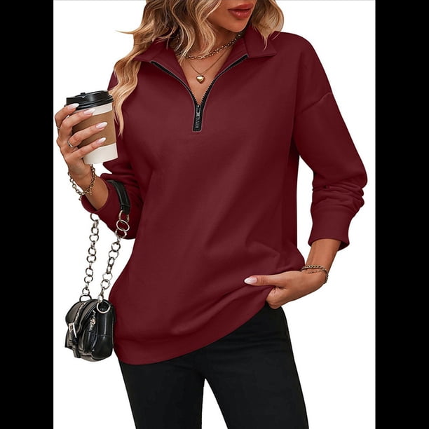 Sudaderas de Gran Tamaño para Mujer, Suéteres de Otoño, Sudaderas con Capucha de Moda, Jersey con Media Cremallera, Camisas de Larga, Ropa Vino Tinto S