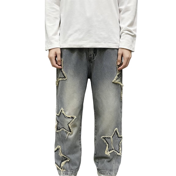CPNG Boy's Star Fleece Lined Jeans Teen Boys Straight Wide Leg Button Front Zipper Casual Loose Denim Trousers Streetwear(Blue,7-8 Years)