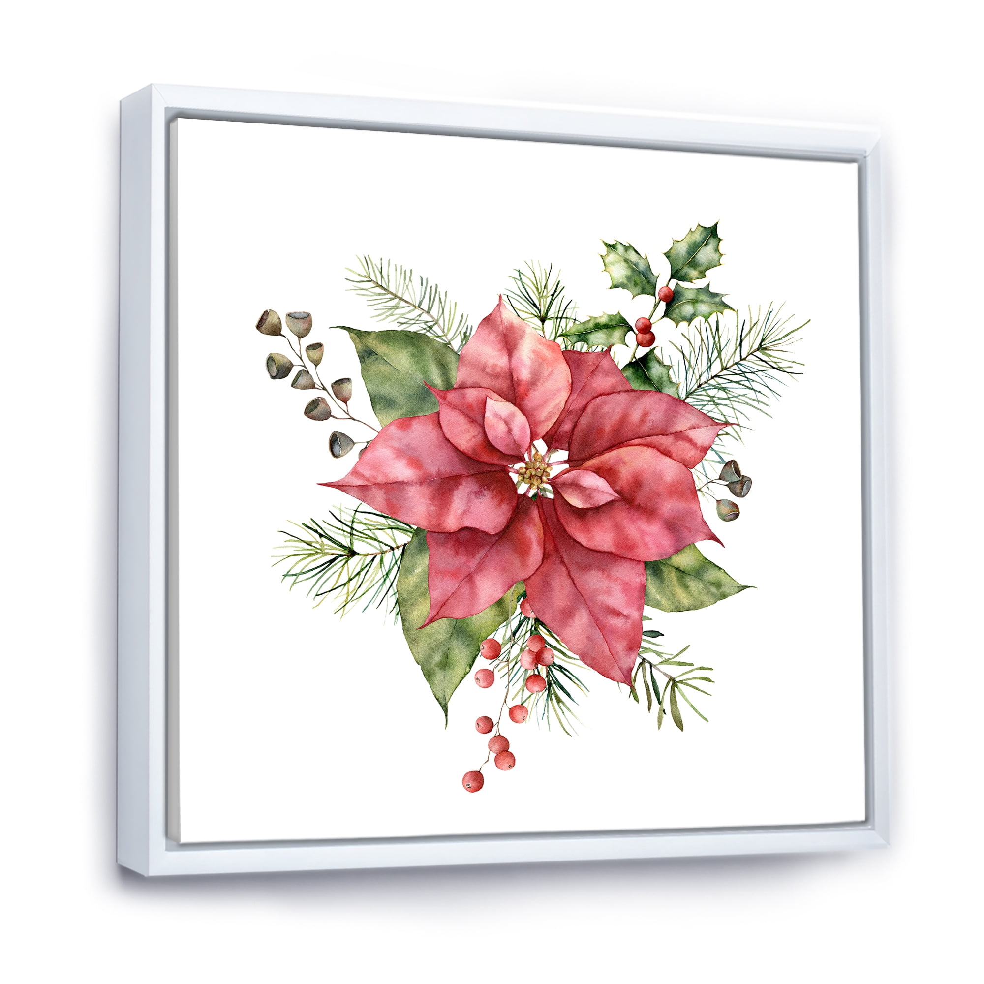 Christmas Fir Branch and Holly Mistletoe Berries II 36 in x 36 in Framed Painting Canvas Art Print, by Designart