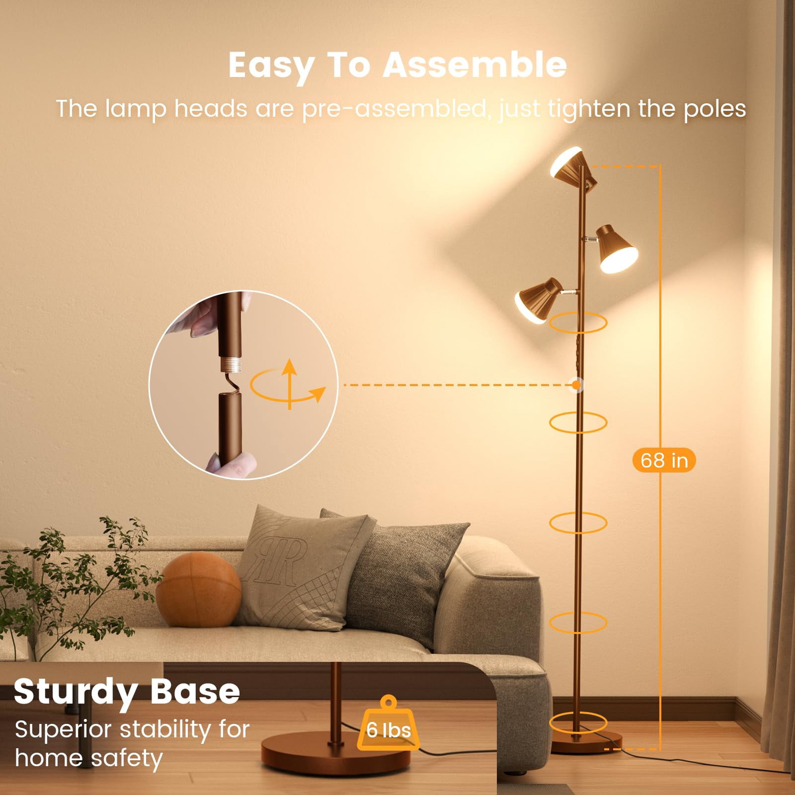 36W LED Tree Floor Lamp, Dimmable Tall Standing Lamp with Remote & Touch Control, 4 Color Temperatures Bright Floor Lamp, 3 Rotatable Light Modern Floor Lamps for Living Room Bedroom Office