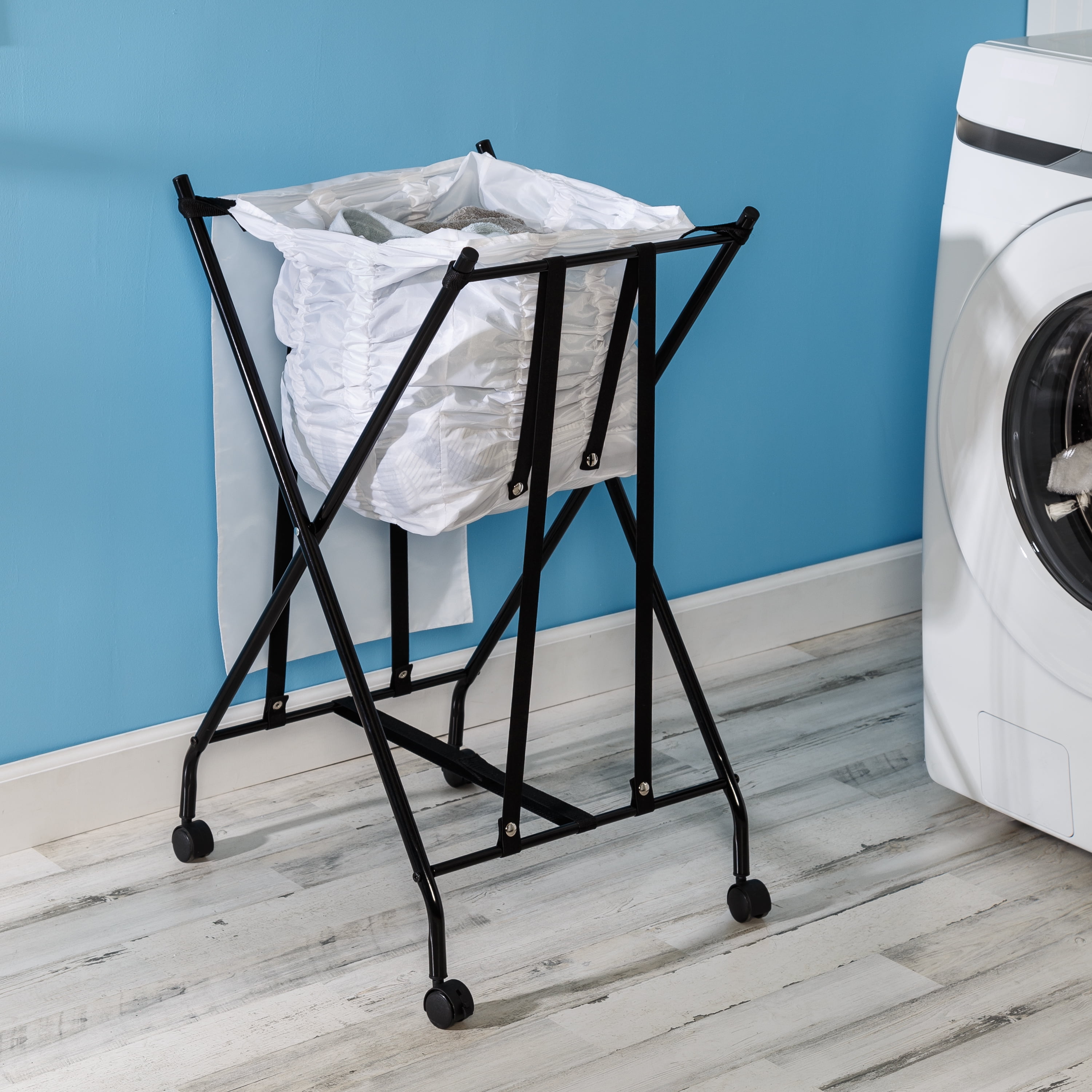 Honey-Can-Do Steel Folding No Bend Lifting Laundry Hamper with Removable Polycotton Bag, White/Black
