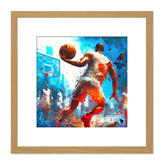 Baller in Motion Street Basketball USA Oil Splatter Painting Square Wooden Framed Wall Art Print Picture 8X8 Inch