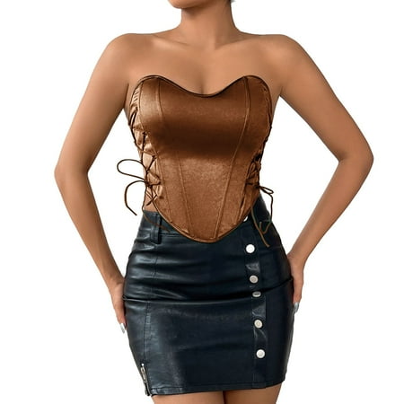 Rigardu Hot Sale!! Women s Satin Corset Top Backless Strapless Sweetheart Neck Bustier Boned Bodyshaper Party Crop Top Vintage Floral Bustier Tops Halter Crop Tops Boned Bustier Bodyshaper Brown S