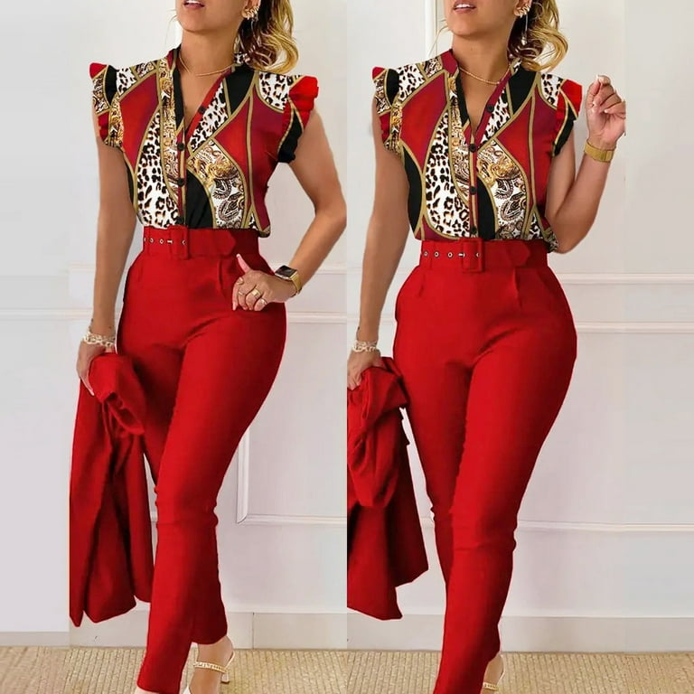 PMUYBHF Outfits for Women 2024 Plus Size Outfits for Women Clubwear Red  Women Casual Fashion Print Ruffle Sleeve Vest Shirt Blouse Betton Pant with  Belt Set Suits 