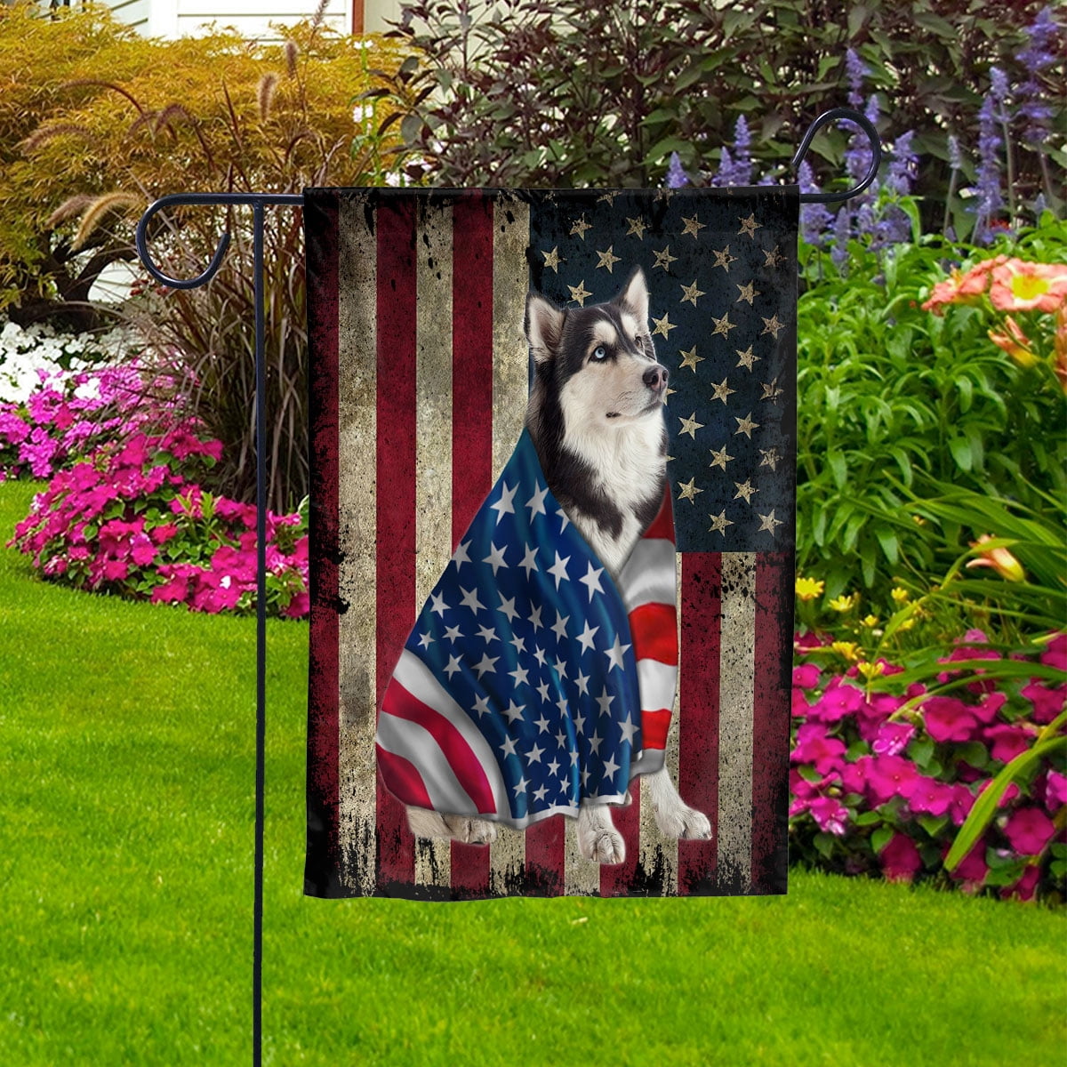 American Flag with Husky Dog stand under the cross Patriot Patriotic 4th of july Garden Flag, Double-Sided Decorative Outdoor Flag, Polyester Yard Flag 12 x 18 in