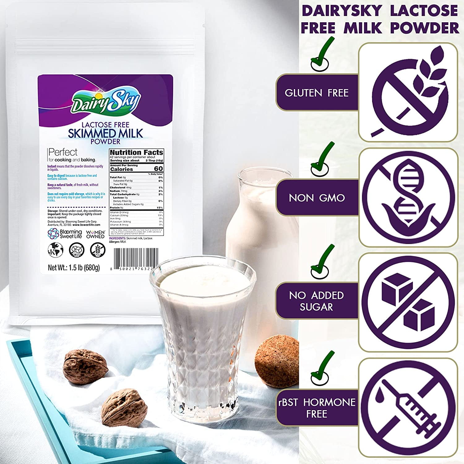 DairySky Lactose-Free Skim Milk Powder, Fat-Free, Non-GMO, Kosher, Protein & Calcium, 24 oz, 3-Pack