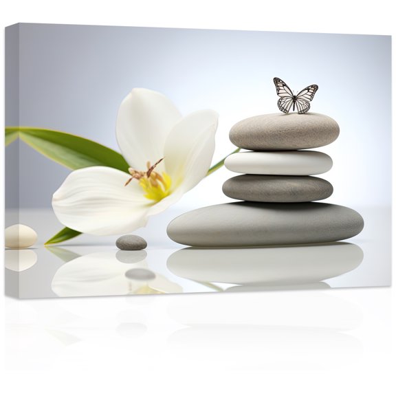 ZHONGYUTONG Zen Canvas Wall Art Stones and Flowers Butterfly Pictures Prints Spa Painting (12"x18")