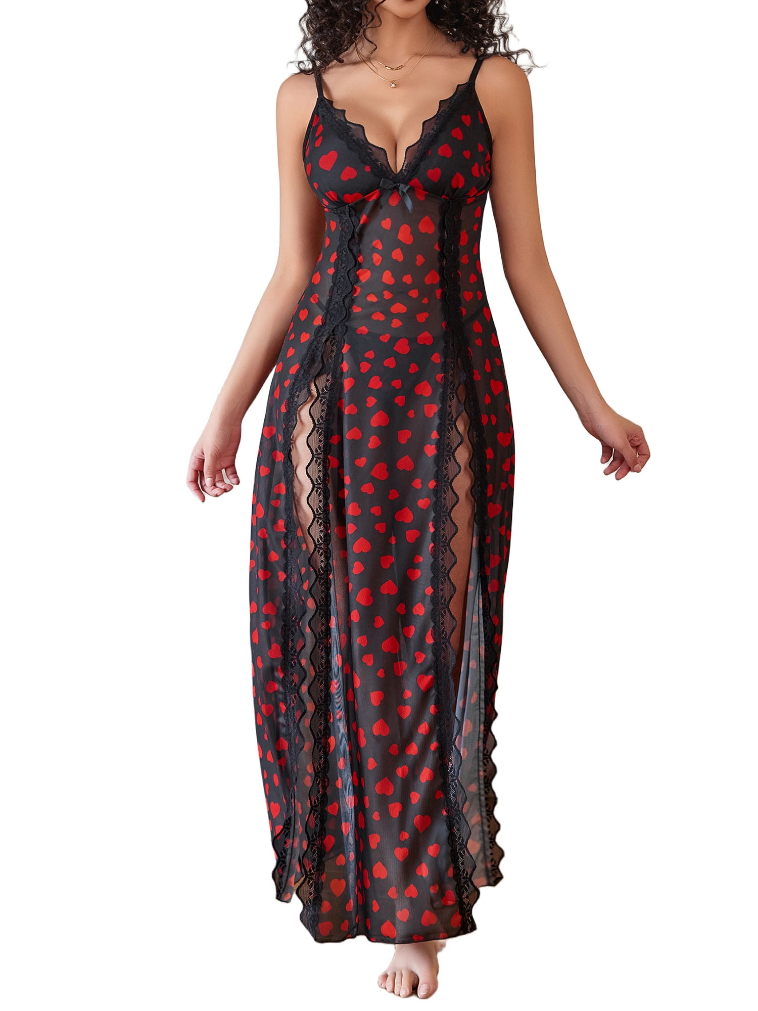 Sexyfree Lingerie for Women Heart Print Side Split Chemise Sexy Nightdress Deep V Neck Nightwear Long Nightgown