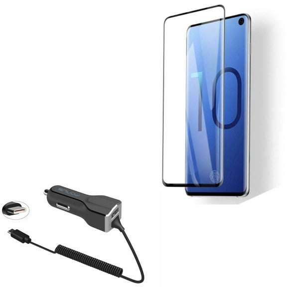 Galaxy S10  30W Car Charger w Tempered Glass Screen Protector - Type-C Power Adapter, [Fingerprint Works] 3D Curved Edge Full Cover for Samsung Galaxy S10