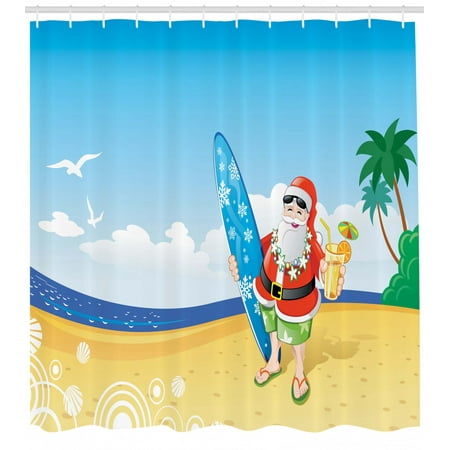 Christmas Shower Curtain Santa Claus On The Beach With Surfboard