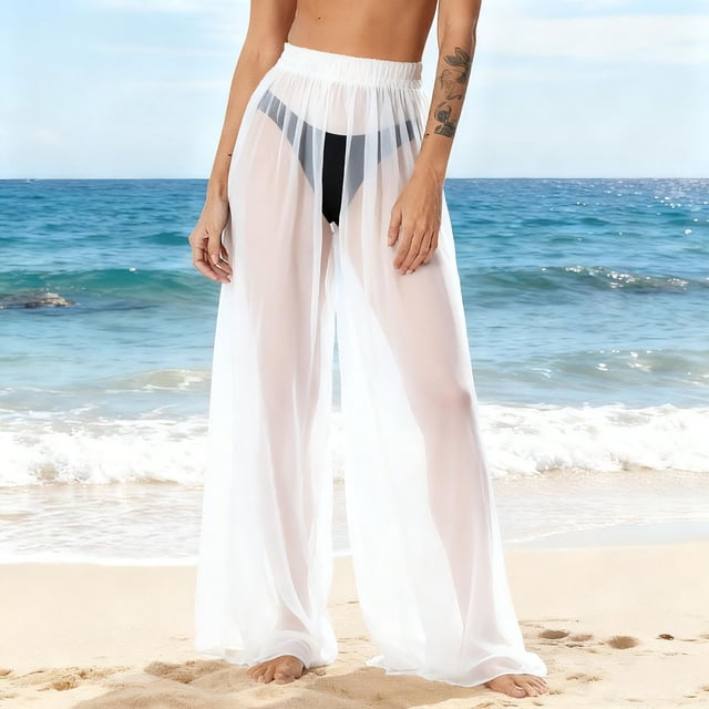 Pincandy Women's Cover Up Pants Sheer Sarong Coverups Summer Boho Beach Pant Elastic Waist Palazzo Cover Up Pants