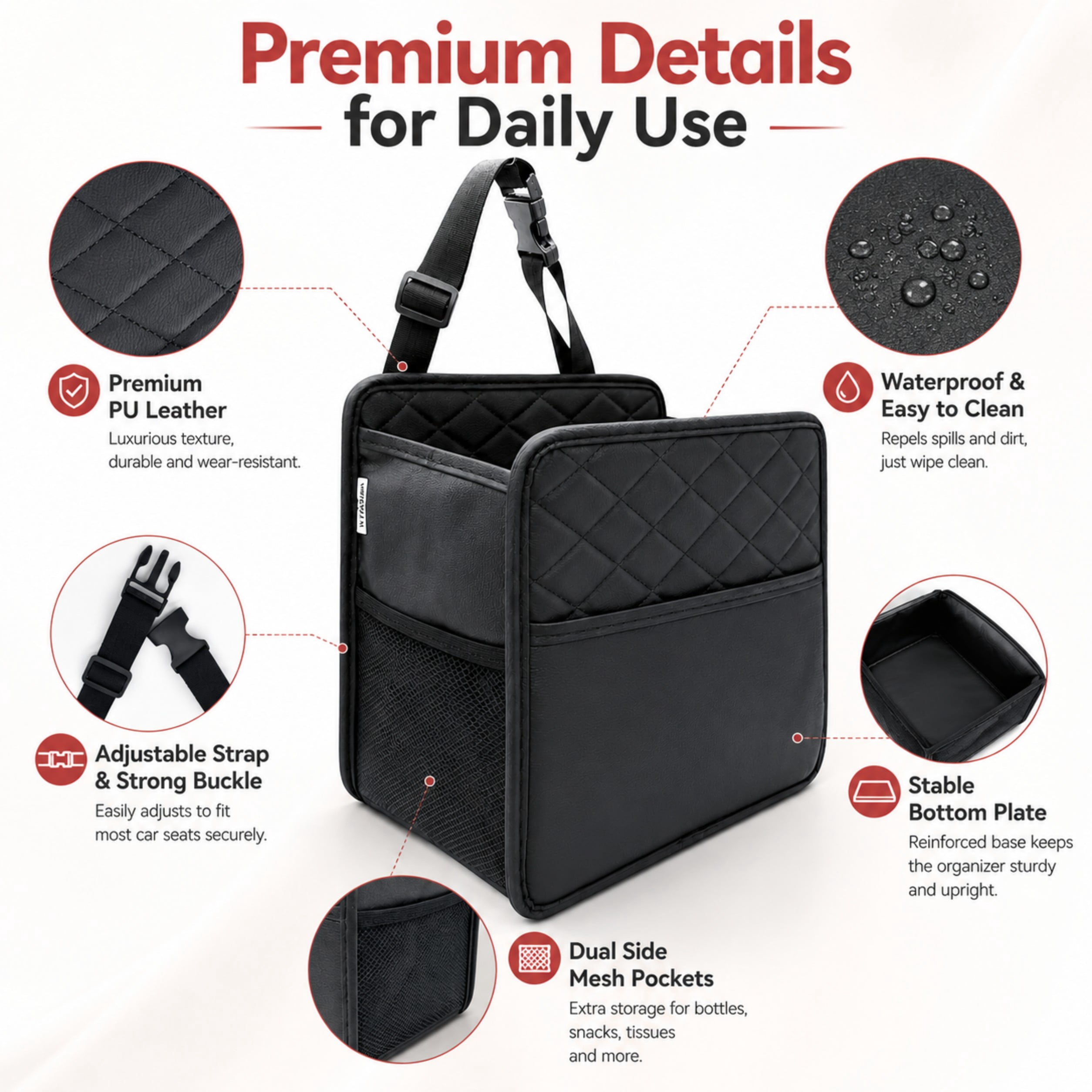 Witaxima 2 Pack Car Trash Bag Hanging, 2.14 Gal Car Trash Can with Storage Pockets, PU Leather Backseat Organizer for Cars, SUVs, Trucks, Black