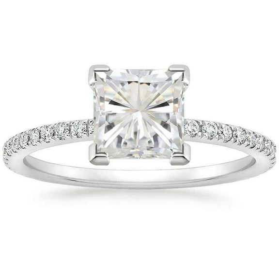 HeartsAndYou 4ct Princess Cut Moissanite Engagement Ring for Women 18k White Gold over Silver Round Accent