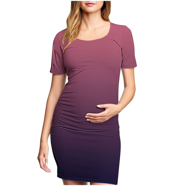 Mrzvby Robes de Maternité pour Femmes à Manches Courtes, Col Rond, Froncées, Robes de Grossesse Légères et Respirantes, Robes Midi Moulantes Imprimées, Robes Décontractées Plissées