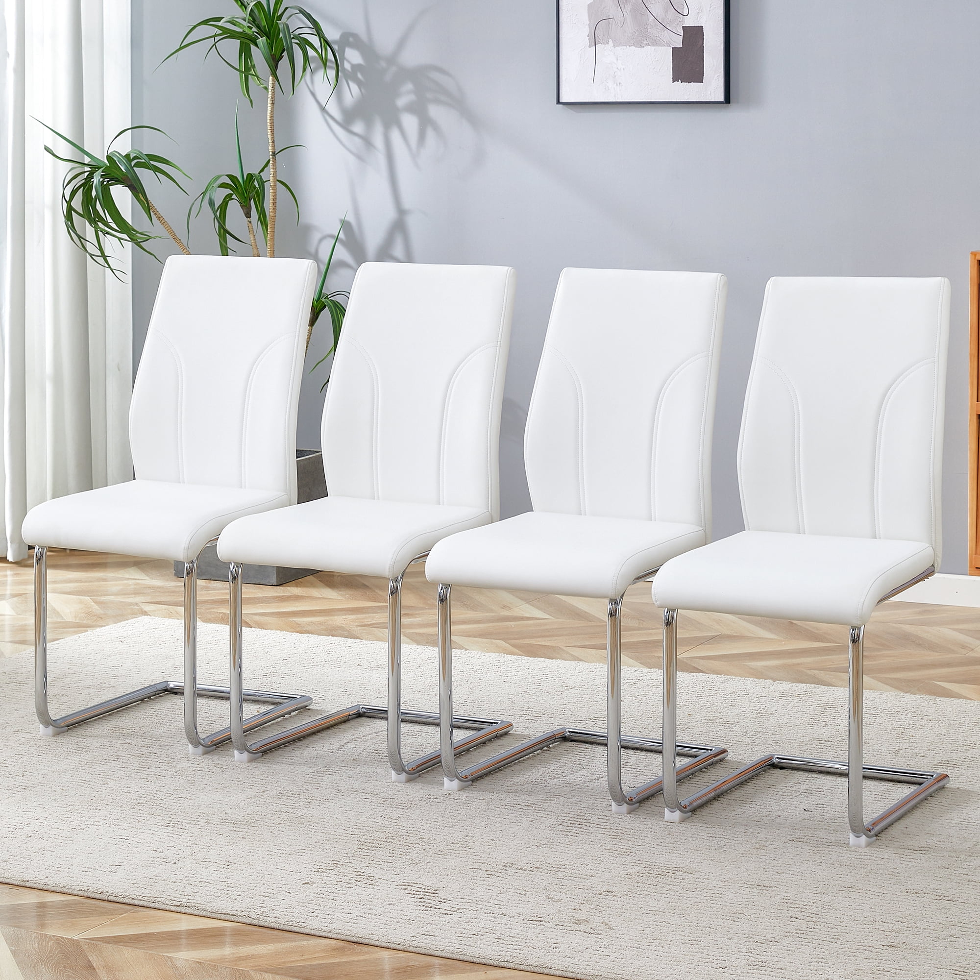 White PU Dining Chairs Set of 4 with High Back and Sturdy Legs for Dining Room Kitchen Living Room