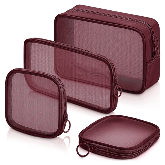 4 Pack Wine Red Makeup Bag, Transparent Portable Travel Cosmetic Bags, Toiletry Pouches with Zipper, for Women Daily Accessory (LMSS)