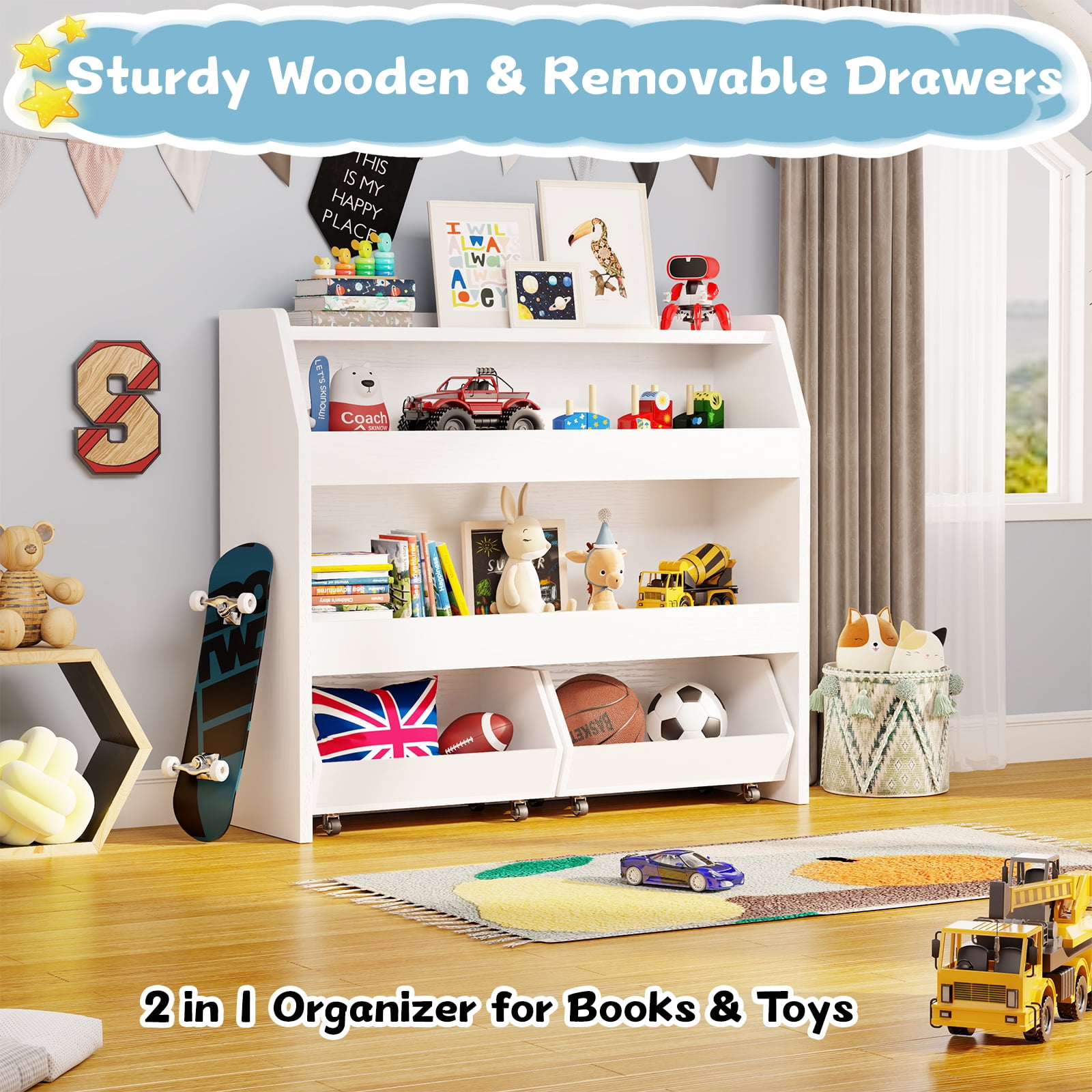 3-Tier Portable Toy Storage, Kids Toy Organizer W/2 Removable Bins with 4 Wheels（White)
