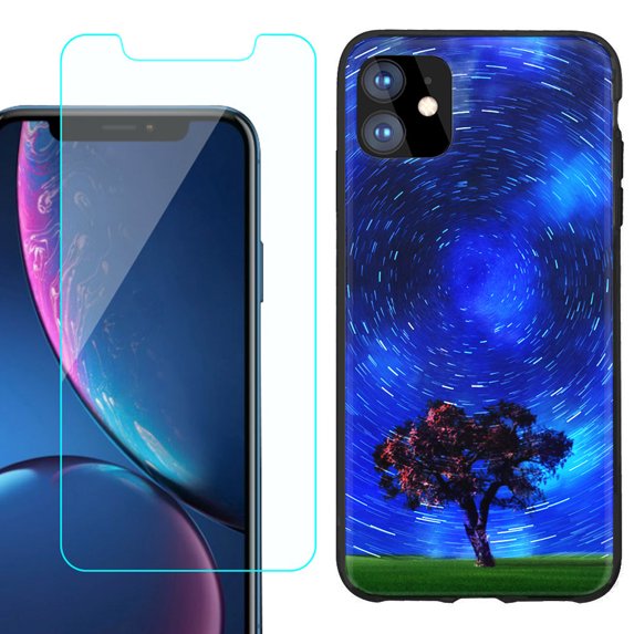 For Apple iPhone 11 Phone Case , Slim-Fit TPU Protective Case (Black), with Tempered Glass Screen Protector, by OneToughShield ® - Star Trails Tree