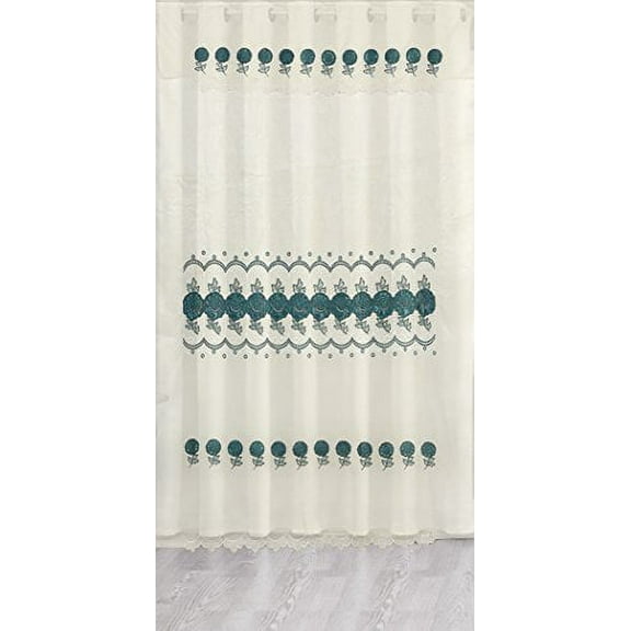 Green Pink Floral Embroidery Satin Sheer Layer Panel Shade Tier Window Curtain (1, Hunter Green)