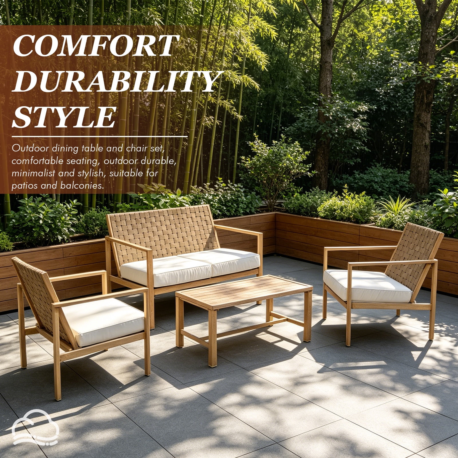 MOONMISS 4 Pieces Metal Patio Furniture Set, Hand-Made Drawstring Outdoor Patio Conversation Sets Outside loveseat with Soft Cushion for Garden-Beige