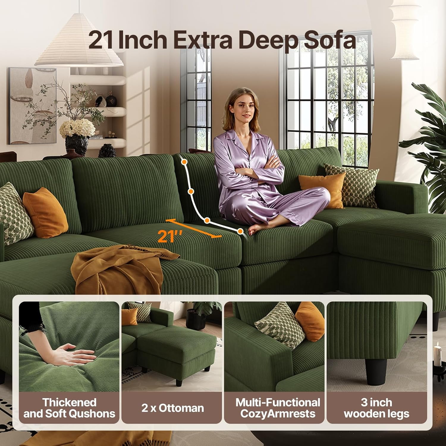 AENKYO U-Shaped Sectional Sofa Couch with 2 Ottomans, Convertible 4-Seat Living Room Furniture with Removable Cushions, Green