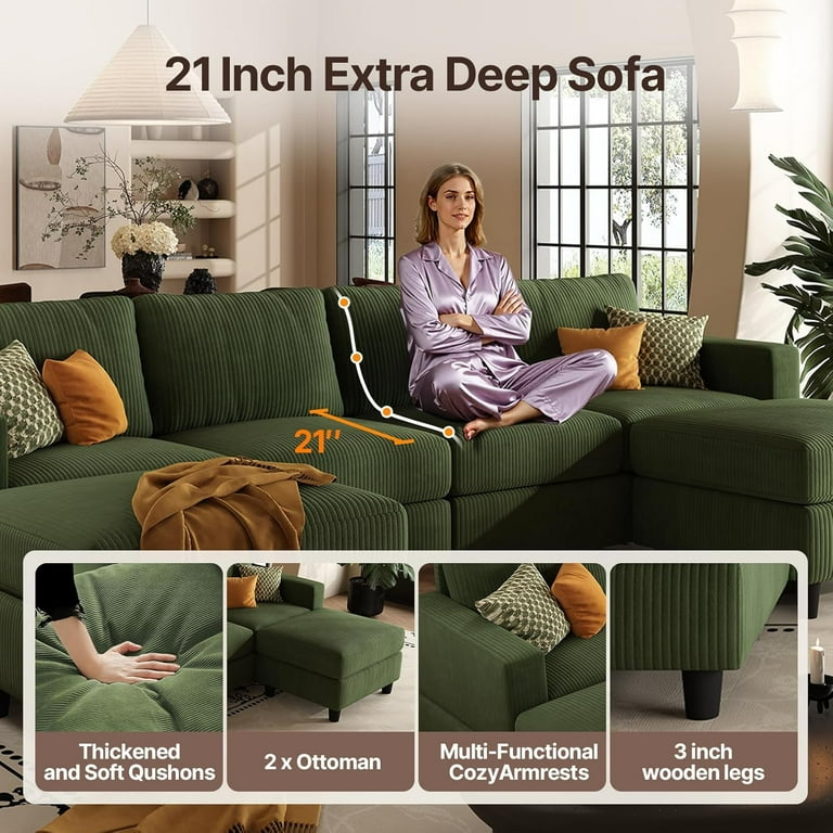 AENKYO U-Shaped Sectional Sofa Couch with 2 Ottomans, Convertible