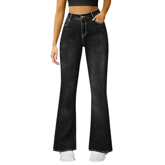 HongQid Women's Trendy Stretchy Flare Jeans Mid Rise Bootcut Curvy Denim Pants