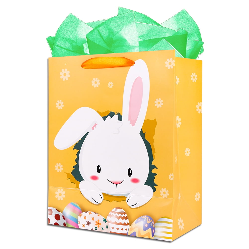 WaaHome Easter Gift Bag with Handles,13"x10.5"x5.8" Large Bunny Eggs