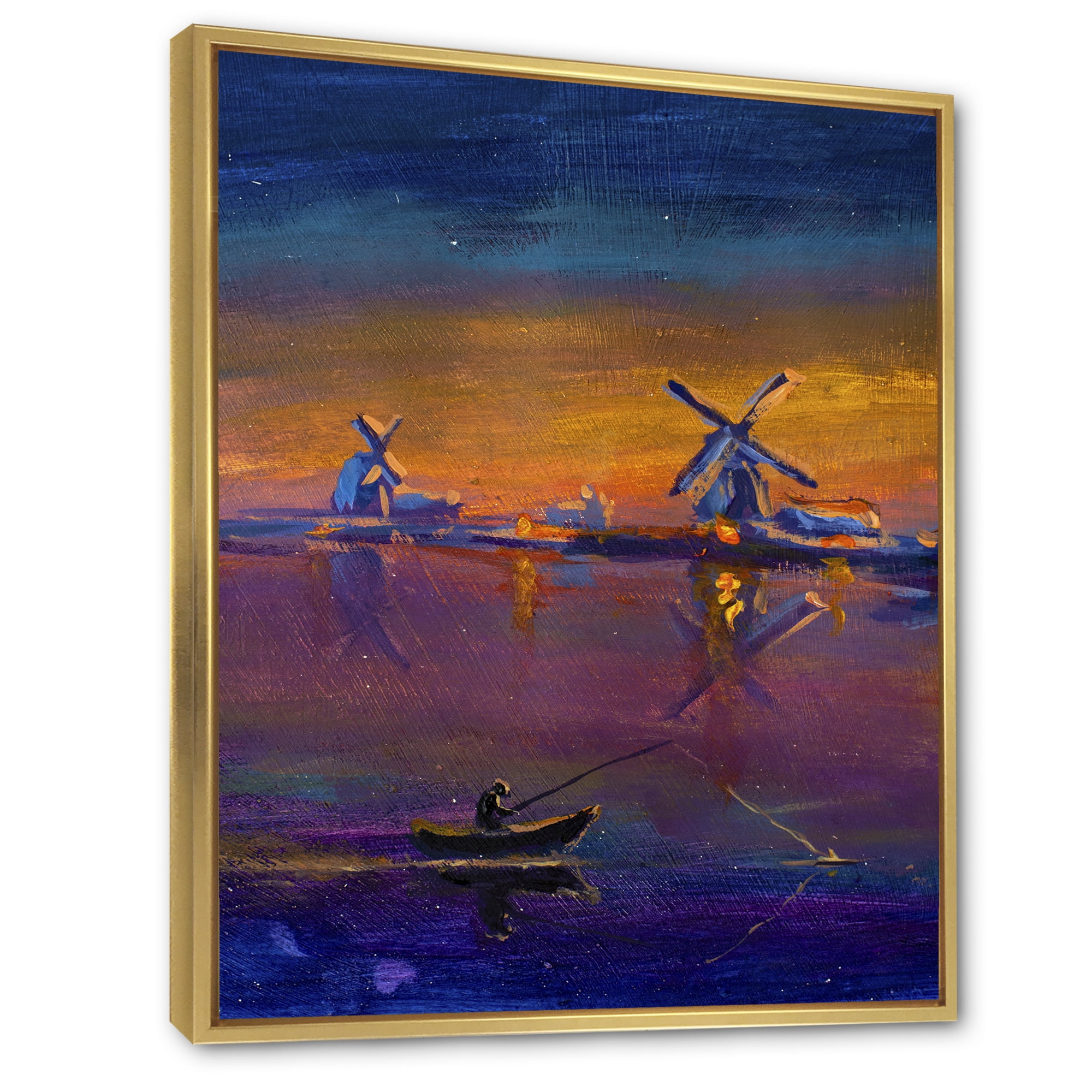 Designart 'Evening Fishing Near The Traditional Windmill' Nautical & Coastal Framed Canvas Wall Art Print