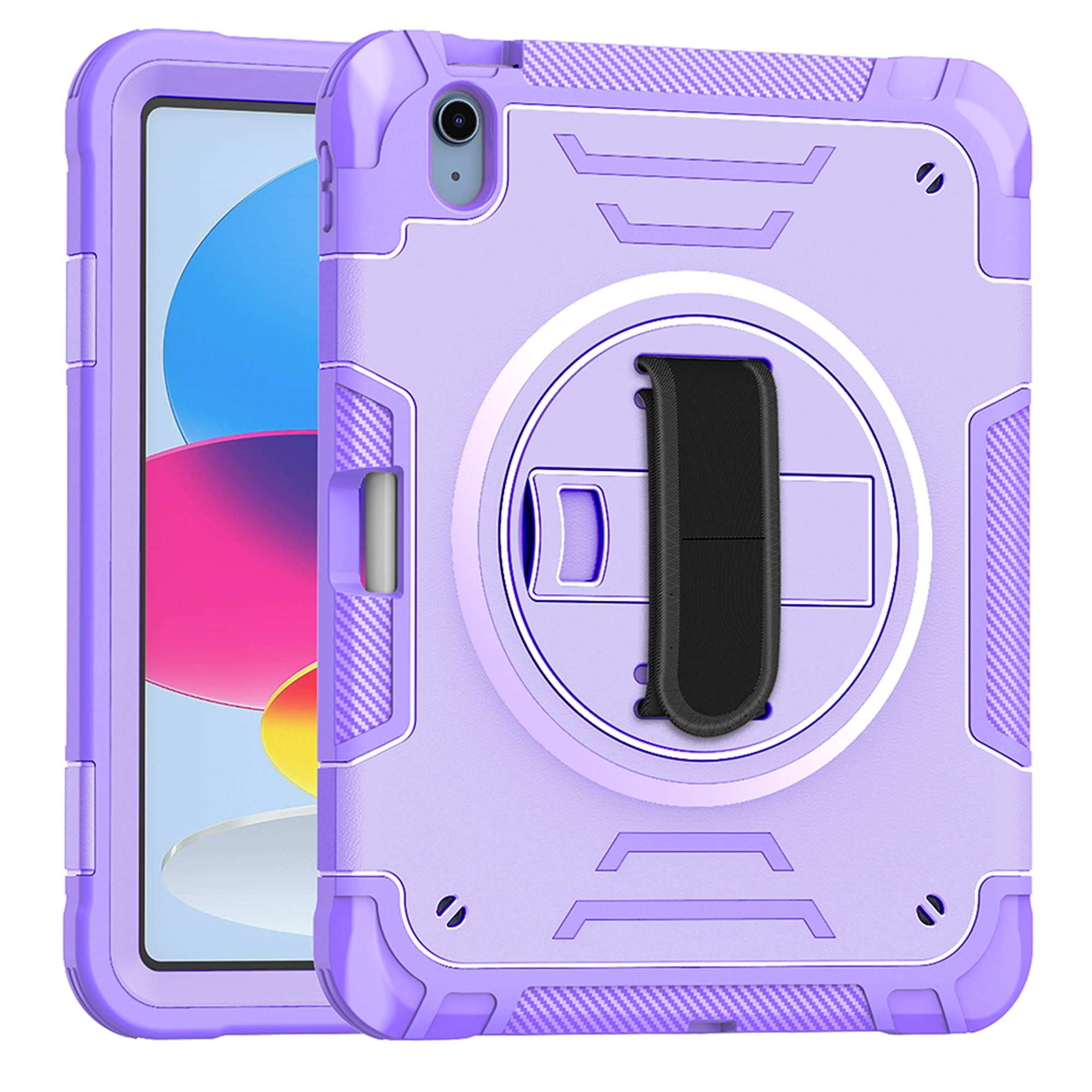 for iPad (A16) 11th Gen 2025, Rugged Shockproof Case for iPad 10th Gen 2022 with Pencil Holder, 360 Rotating Hand Strap & Stand, Shoulder Strap, TPU PC 3 Layers Multi-Functional Cover - Purple