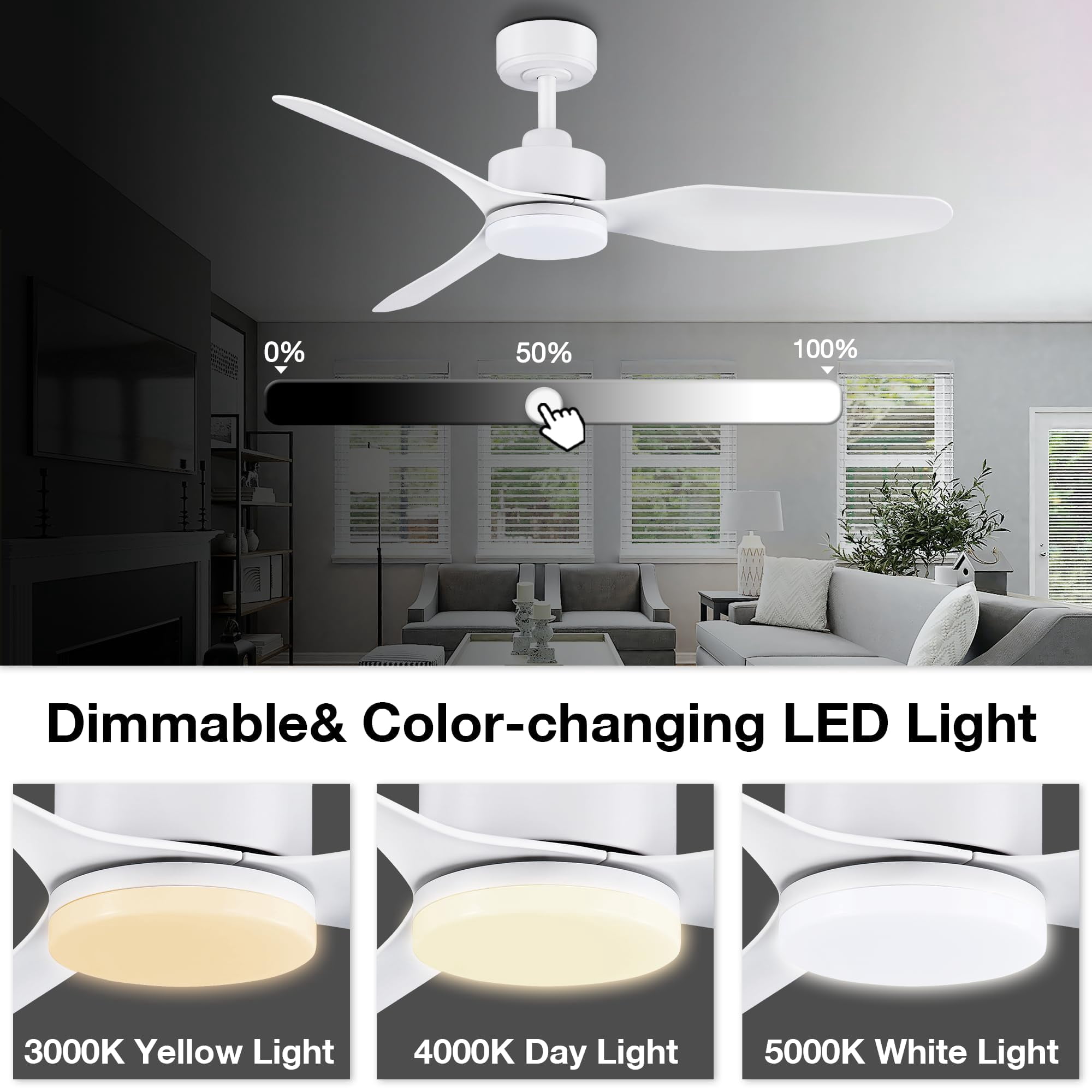 48 Inch Smart Ceiling Fans with Lights Remote Control,Dimmable LED Light,Outdoor Indoor Modern Ceiling Fan,Quiet DC Motor,WIFI Alexa App Workable,Matte White for Bedroom Living Room Patio
