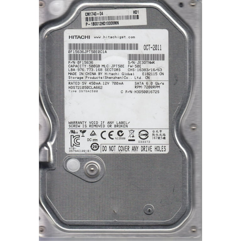 日立 HDS721050CLA662 500GB P/N: 0F13653 MLC: JPT3GH HITACHI HDS721050CLA662 500GB SATA HARD DRIVE P/N: 0F15012