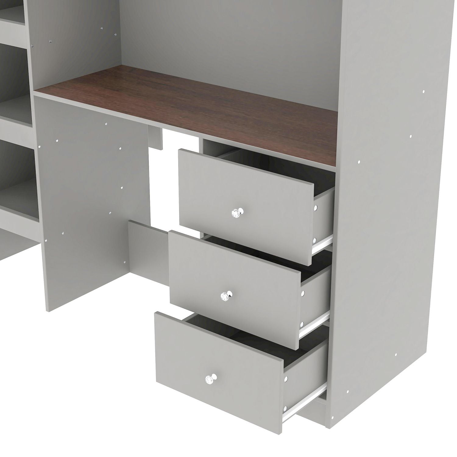 Full Size Loft Bed Frame with Built-in Wardrobe, Desk, 3 Drawers and Storage Shelves, Wood and MDF, No Box Spring Required