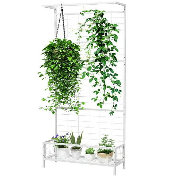 Demifill Metal Tall Plant Stand with Trellis and Hanging Bar, 35" x 12.8" x 74" Plant Holder, White