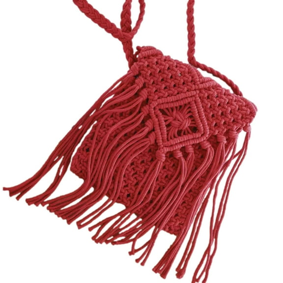 PacificPlex Womens Cotton Macrame Crochet Fringe Crossbody Bag Purse, Red