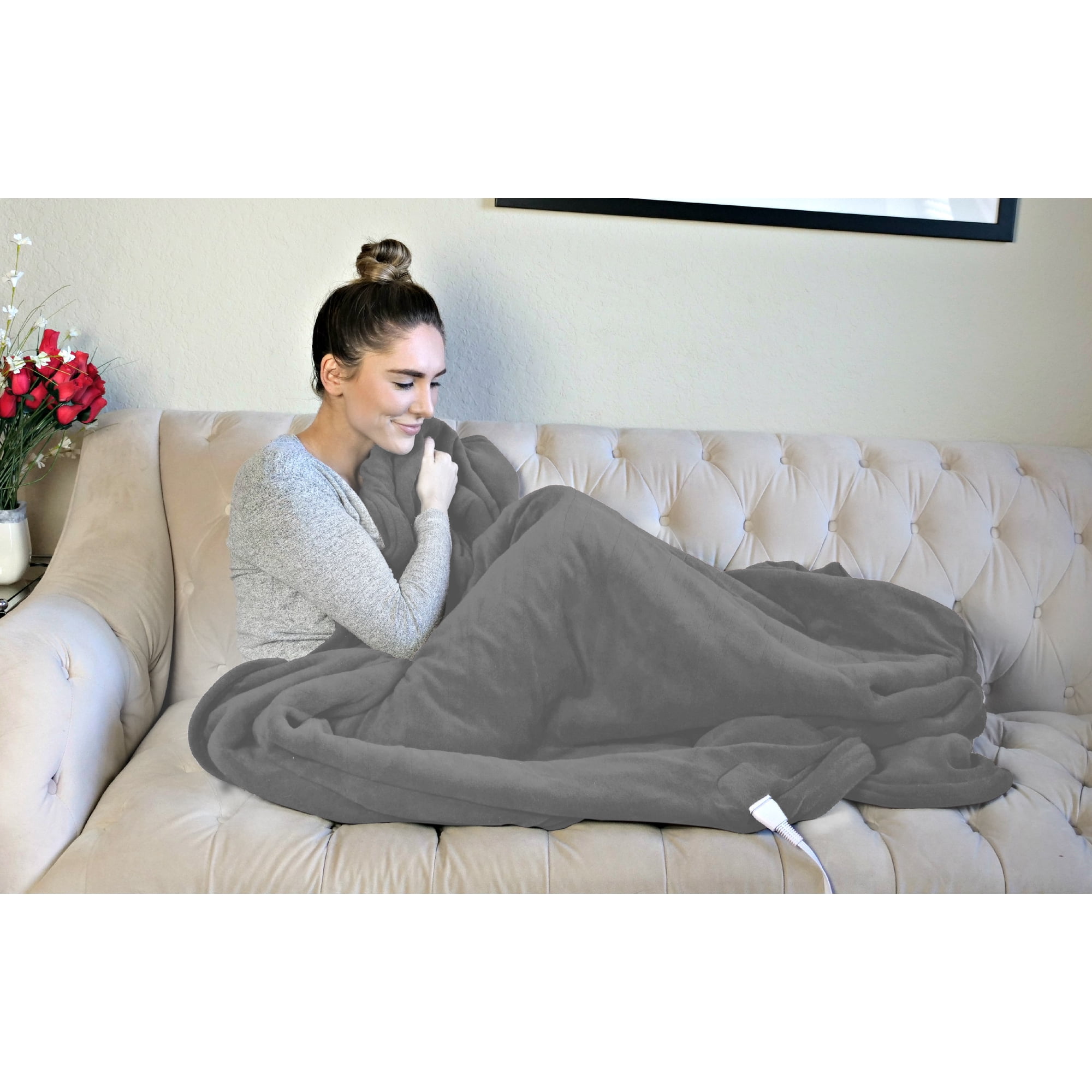 Biddeford Velour and Sherpa Heated Throw Blanket Charcoal Grey - Walmart.com