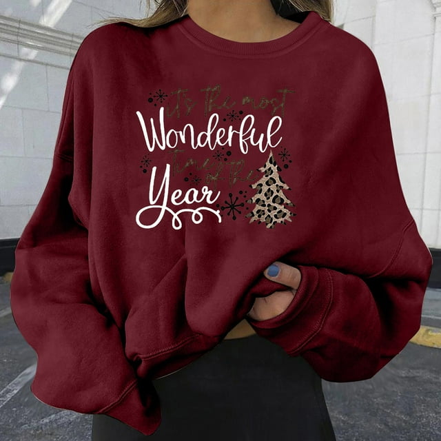 EGNMCR Chandail en Molleton de Noël Mode Décontractée Imprimé Col Rond Manches Longues Amples Hauts Courts Blouse Chandails en Molleton Sans Capuche