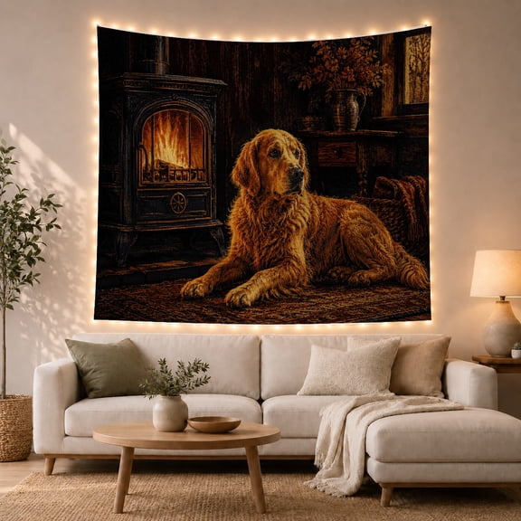 Golden Retriever Beside a Wood-Burning Stove, Cozy Rustic Decor for Dog Lovers, Cozy Cabin Wall Art, Housewarming Gift Tapestry Wall Hanging for Bedroom, Living Room and Dorm